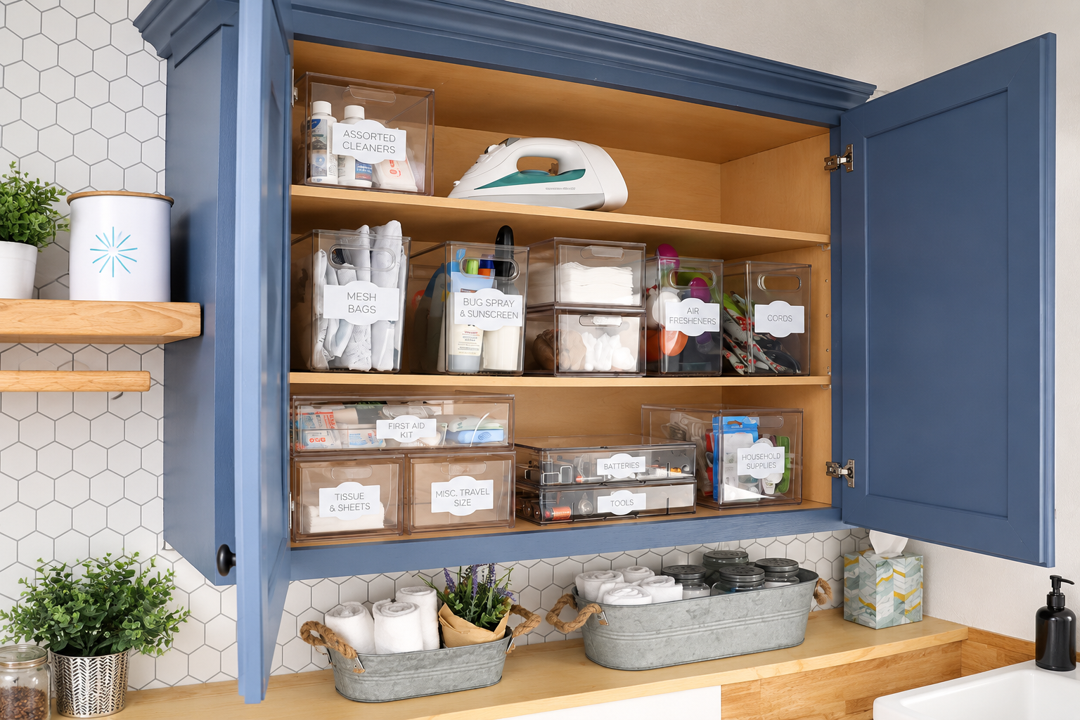 Organized blue utility cabinet