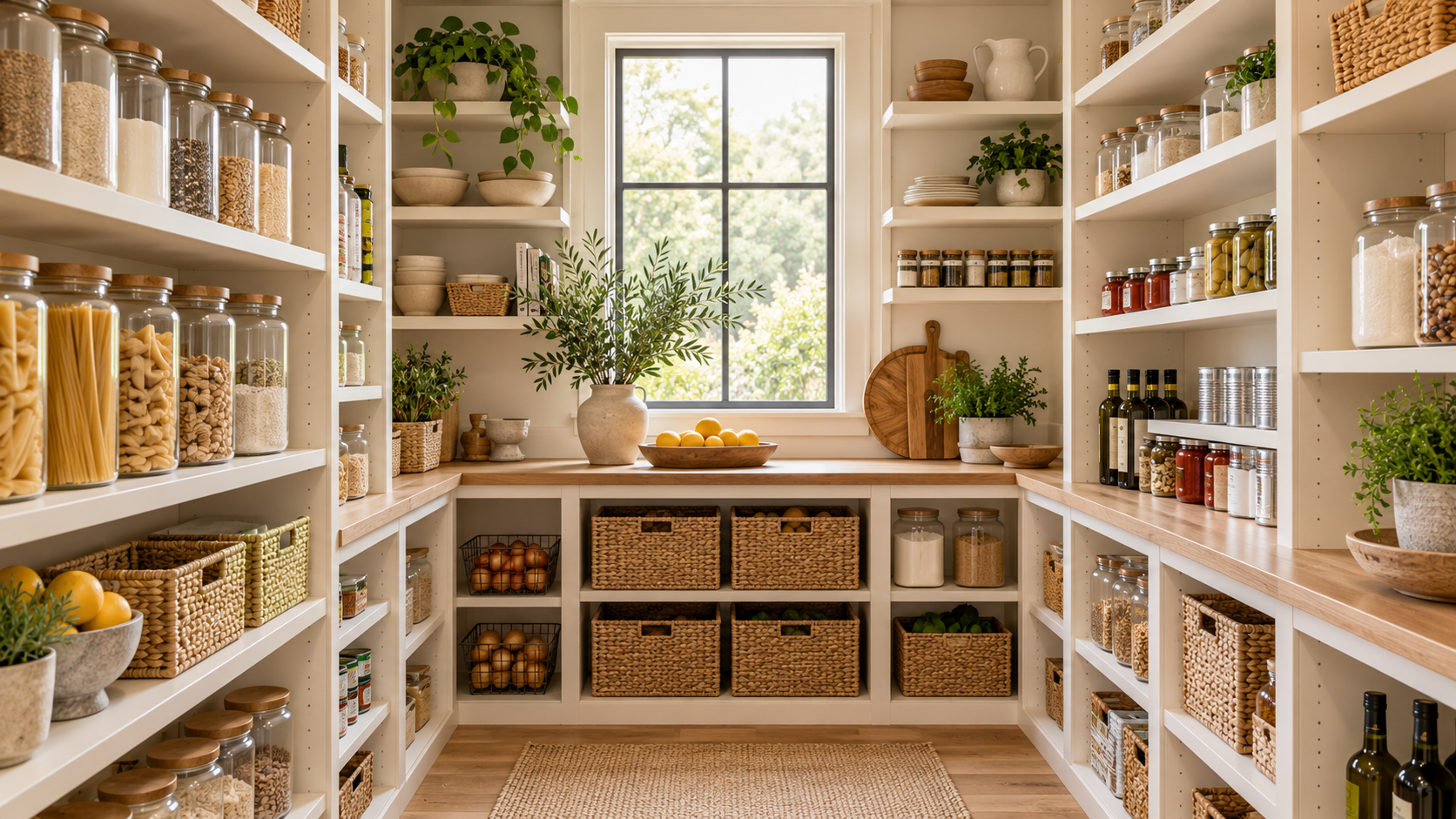 Bright walk-in pantry professionally organized by Tupelo Tidy